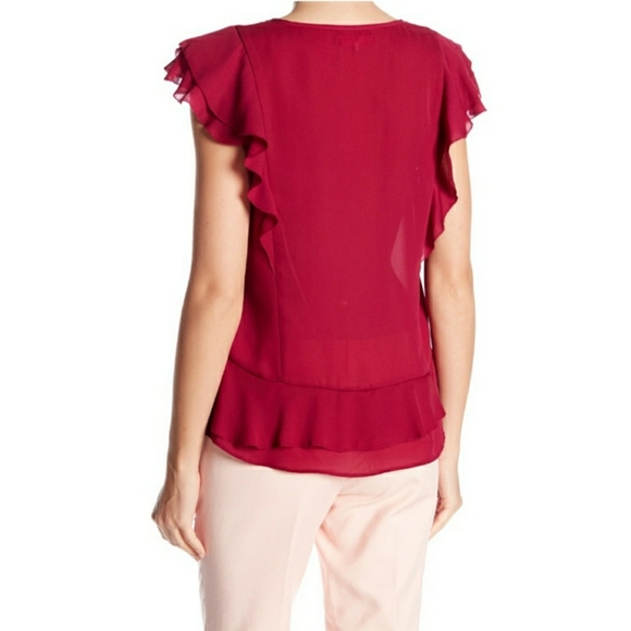 Parker Women's V Neck Short Sleeve Ruffle Blouse in Beetroot SZ XS - Picture 2 of 7
